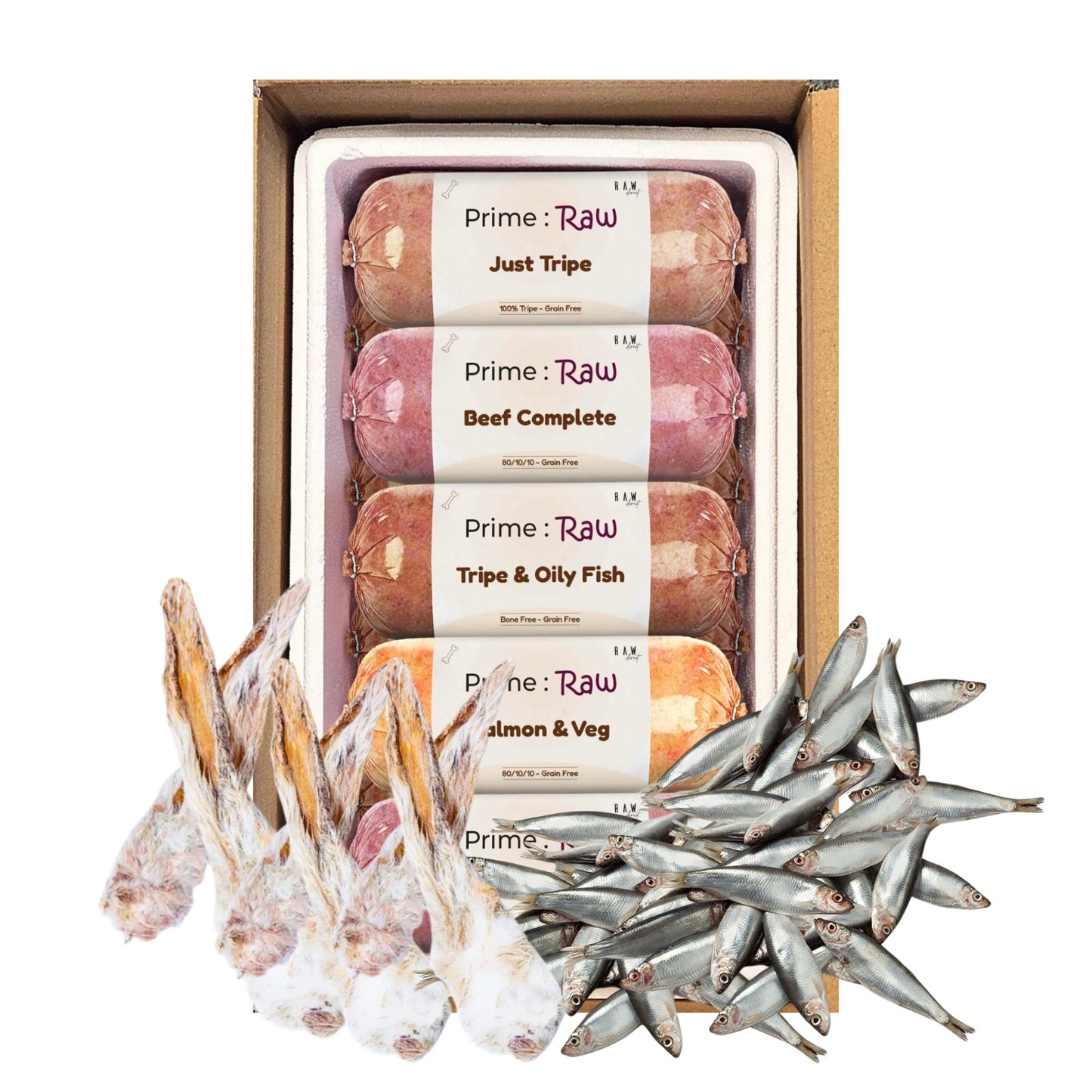 Prime Raw Mix 20 | 1Kg Sprats | 20 Rabbit Ears - Raw Direct