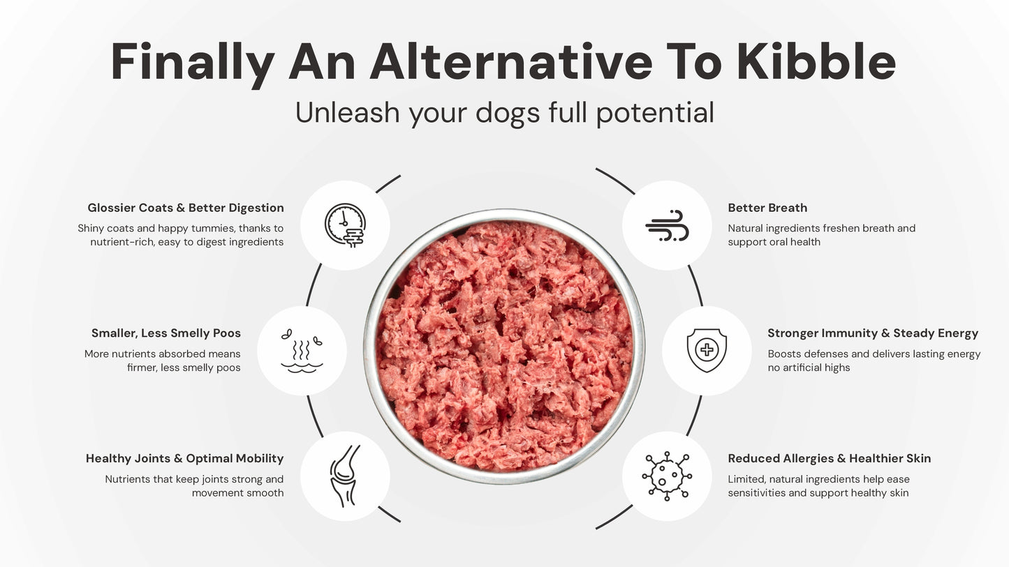 Dog food product with text highlighting benefits on a white background