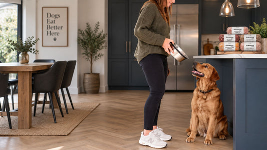 Dog waiting beside its owner in a kitchen, with Supreme Raw packs on the counter