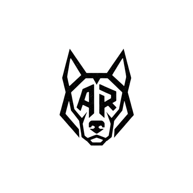 Black and white logo of a wolf head with 'AR' initials on a white background