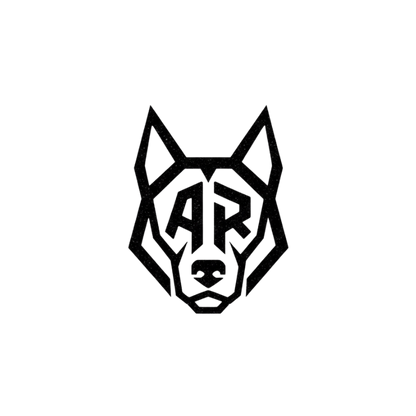 Black and white logo of a wolf head with 'AR' initials on a white background