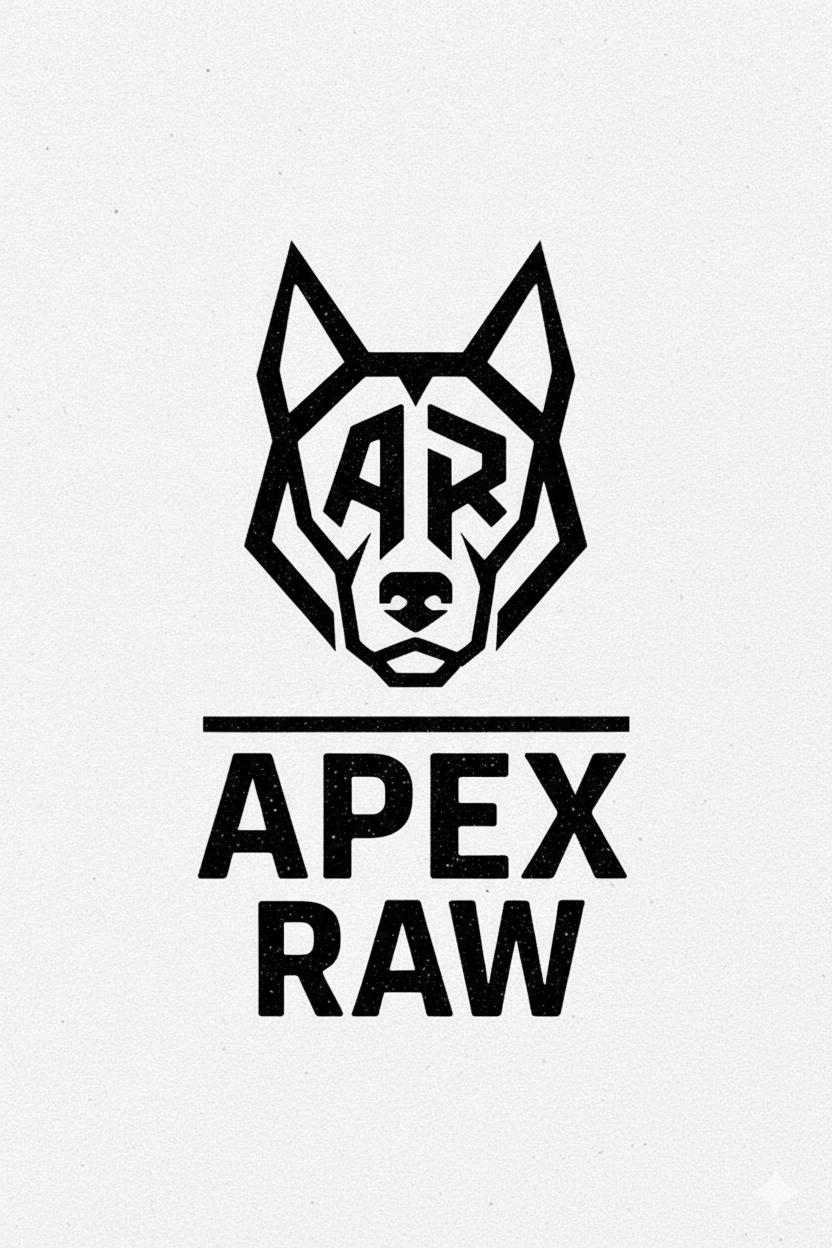 Black logo of a stylized wolf head with 'AR' above and 'APEX RAW' below on a white background
