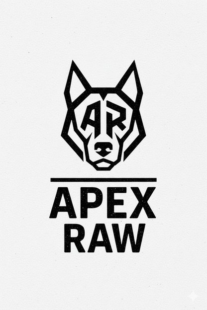 Black logo of a stylized wolf head with 'AR' above and 'APEX RAW' below on a white background