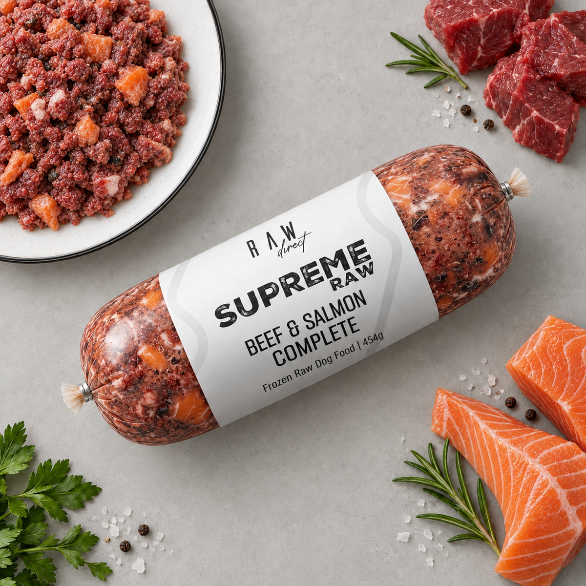 Supreme Raw Beef & Salmon Complete raw dog food 454g roll