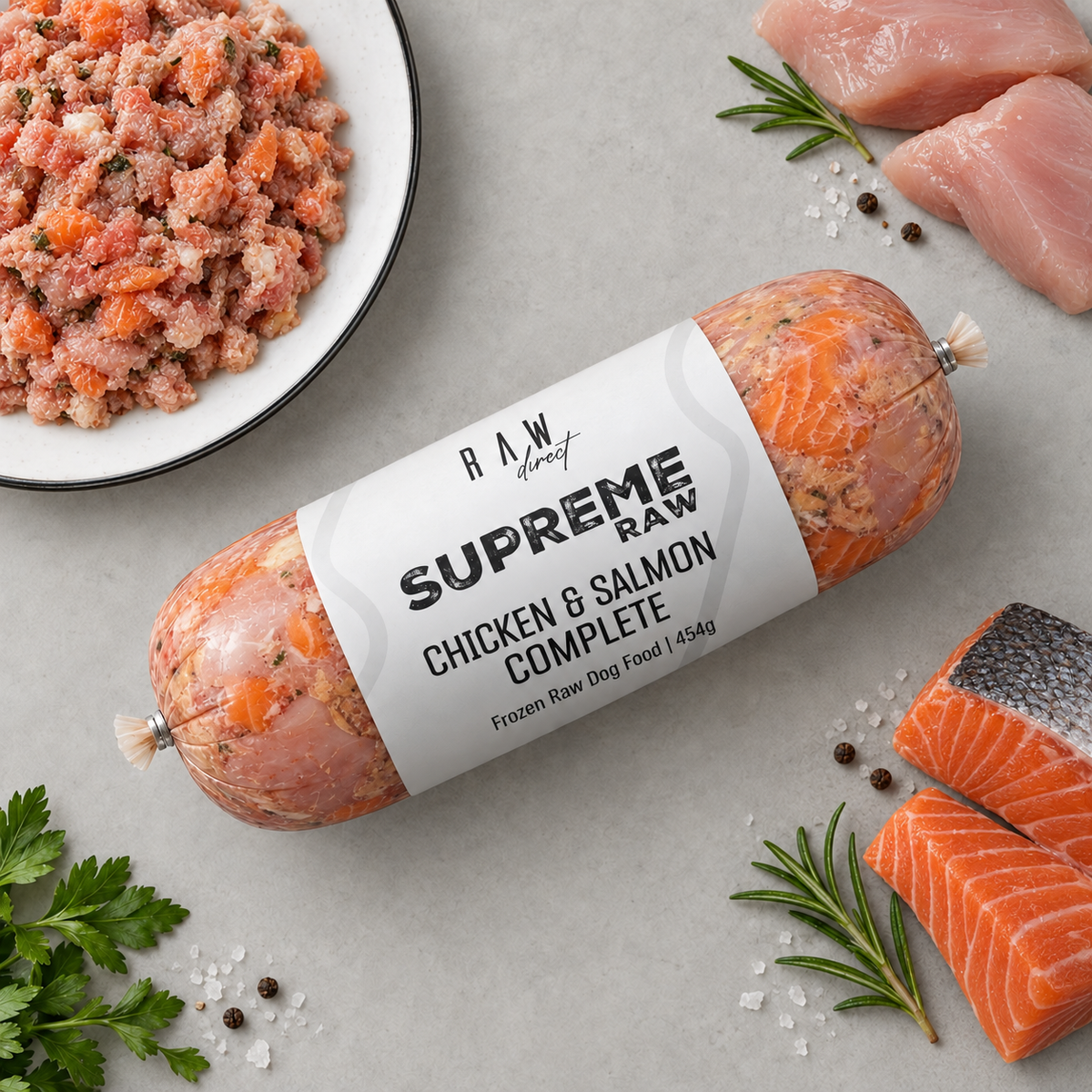 Supreme Raw Chicken & Salmon Complete raw dog food 454g roll