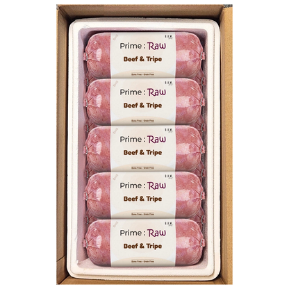 PRIME RAW Beef & Tripe dog food, a nutritious blend of beef and tripe, ideal for a natural raw diet for dogs