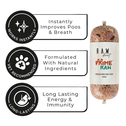 Dog food package with health benefits text on a white background