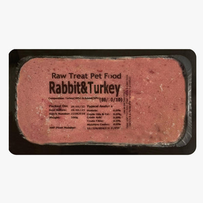 RAW TREAT PETFOOD Rabbit & Turkey 500g - Premium raw dog food with high-quality rabbit and turkey ingredients for optimal nutrition.