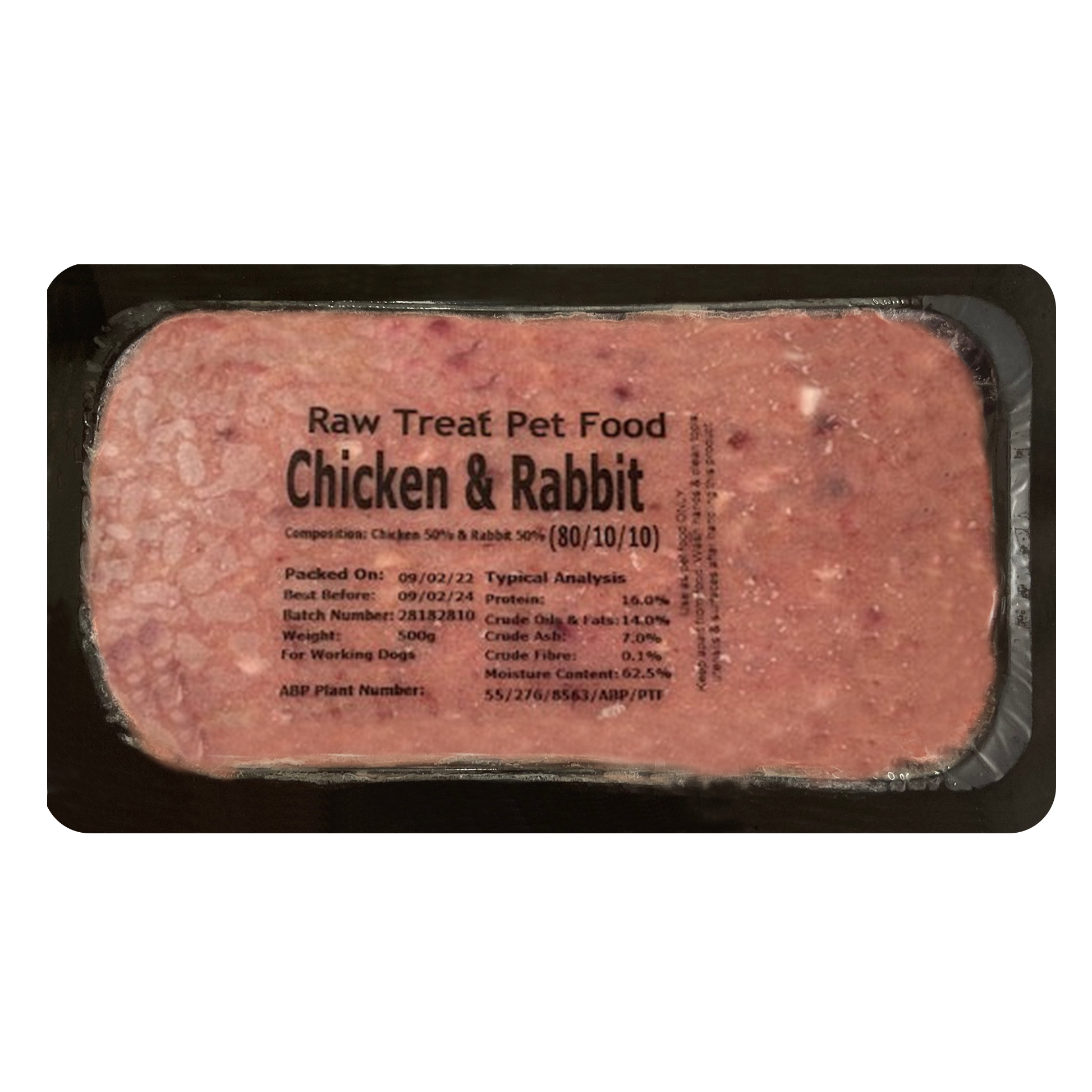 500g pack of RAW TREAT PETFOOD featuring a blend of chicken and rabbit, high-quality raw dog food rich in protein and nutrients for optimal canine health.