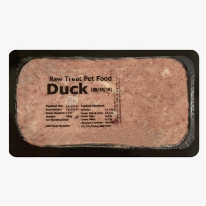 RAW TREAT PETFOOD - Duck 500g packaging featuring high-quality raw duck ingredients for healthy pet nutrition, suitable for dogs of all breeds and sizes.






