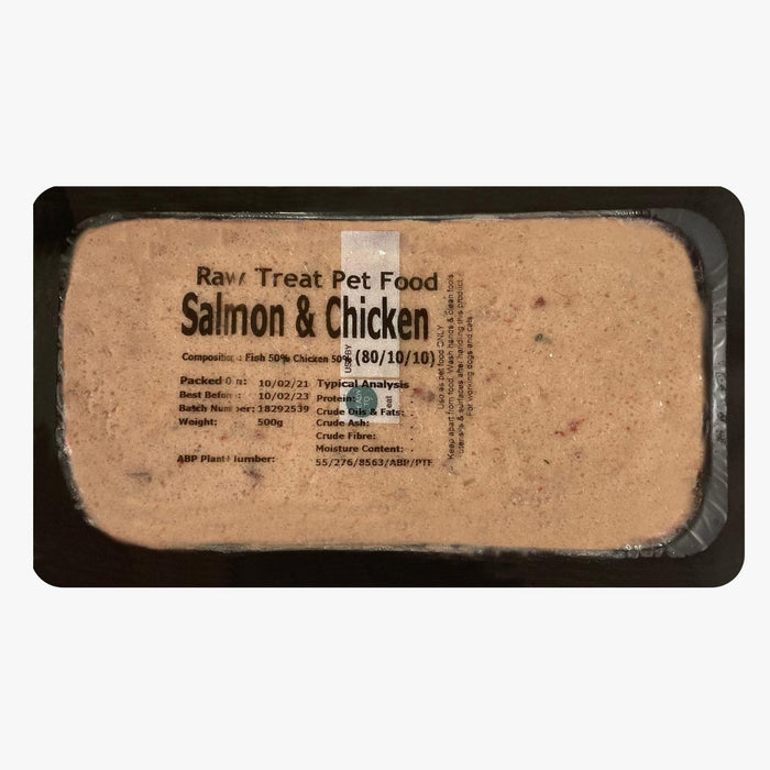 Raw Treat Petfood Salmon & Chicken - Nutrient-rich raw dog food made with fresh salmon and chicken, providing essential proteins for healthy growth and energy.
