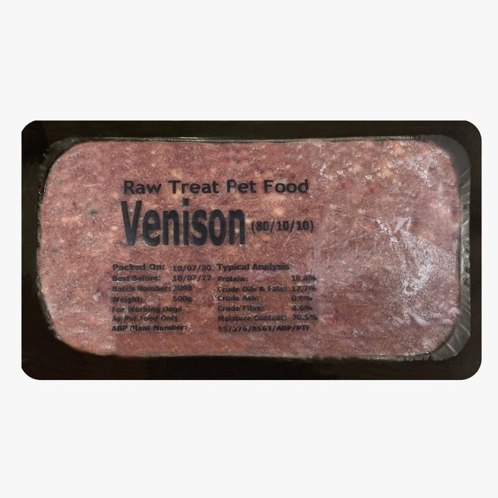 Premium RAW TREAT PETFOOD made with venison, offering a nutritious and tasty option for dogs, featuring high-quality protein for optimal health.
