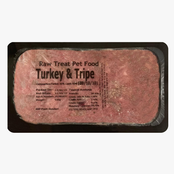 RAW TREAT PETFOOD Turkey & Tripe 500g pack for dogs, featuring high-quality raw ingredients, promoting healthy and balanced nutrition.