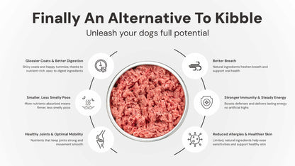 Dog food product with text highlighting benefits on a white background